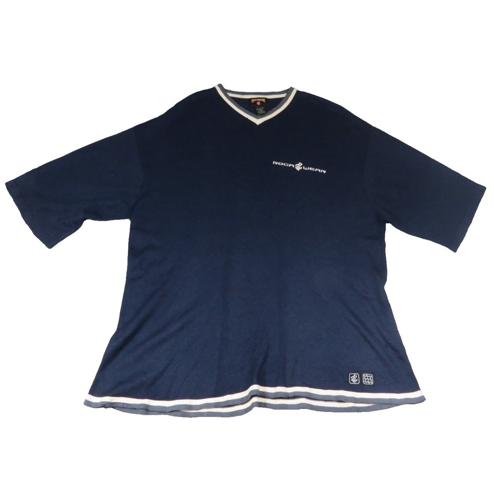 VTG 90s Rocawear Y2K Knit Sweater Shirt Men 2XL Blue VNeck Hip Hop Baggy Acrylic